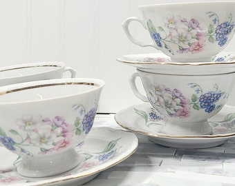 tasse à thé et soucoupes Walbrzych vintage, Rare Pologne Chine ensemble de 4 cadeaux de demoiselle d’honneur en or rose violet CADEAUX tasses à thé en porcelaine