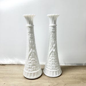 Vintage 1960’s Anchor Hocking Milk Glass Stars and Bars pattern 9” Bud Vase