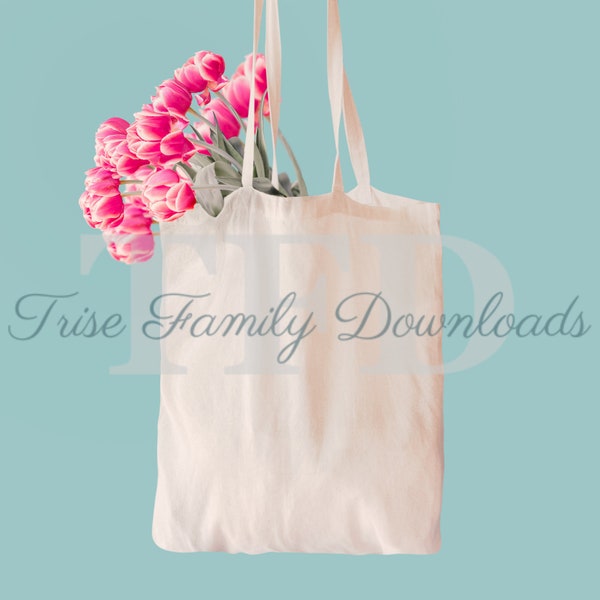 Tote bag mock up photo Etsy listing image for svg png sales cute floral bag photo for spring eye catching reusable grocery bag mockup fun