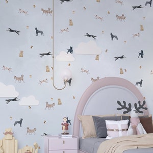 Dog wallpaper for nursery, peel and stick, colorful dog wallpaper