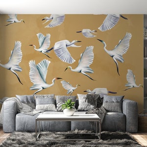 Mustard Heron Print Wallpaper, Asian Birds Wall Art, Crane Wall Mural image 1