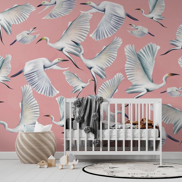 Asian Birds Wall Mural, Pink Heron Wallpaper,  Crane Wall Mural