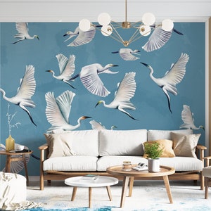 Blue Heron Print Wallpaper, Asian Birds Wall Art, Crane Wall Mural