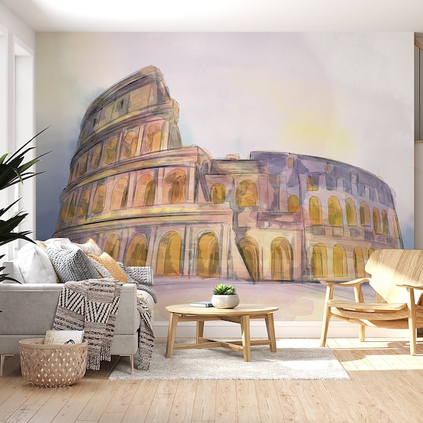 Watercolor Colosseum Wallpaper, Peel Stick Removable Wall Mural