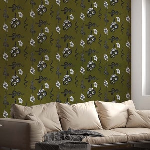 Snakes Dark Green Wallpaper, Snakes Flowers Wall Mural, Peel Stick