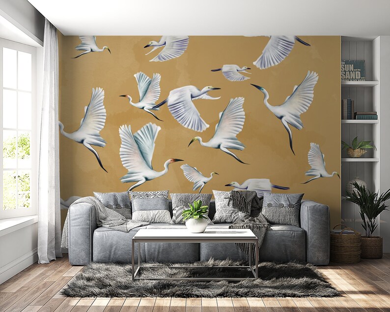 Mustard Heron Print Wallpaper, Asian Birds Wall Art, Crane Wall Mural image 1
