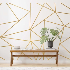 Gold geometric wallpaper, gold strip mural, beige wallpaper, peel and stick wallpaper, removable wallpaper