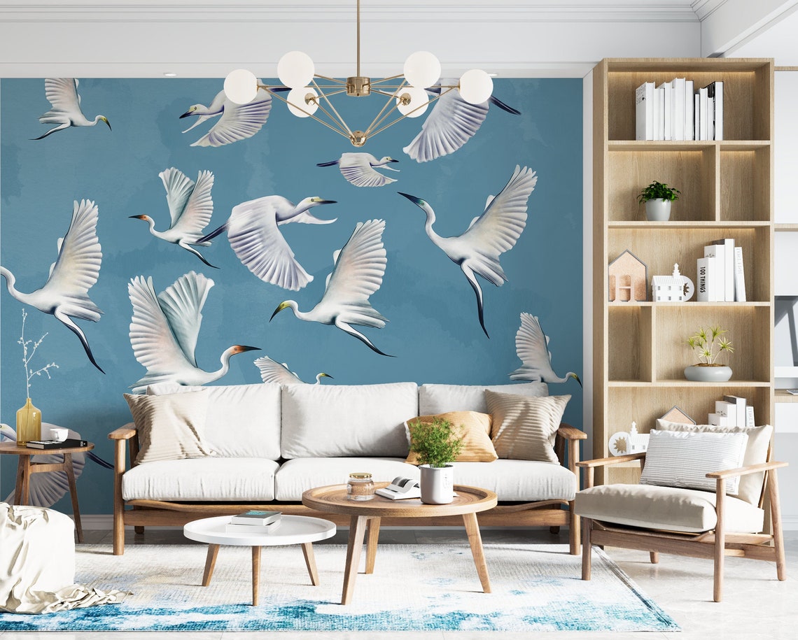 Blue Heron Print Wallpaper Asian Birds Wall Art Crane Wall - Etsy