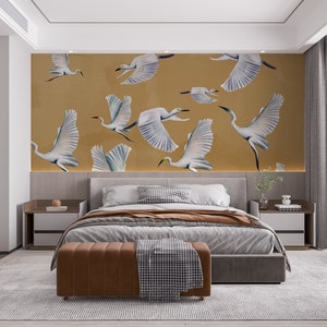 Mustard Heron Print Wallpaper, Asian Birds Wall Art, Crane Wall Mural image 2