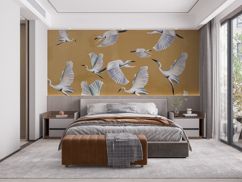 Mustard Heron Print Wallpaper, Asian Birds Wall Art, Crane Wall Mural image 2