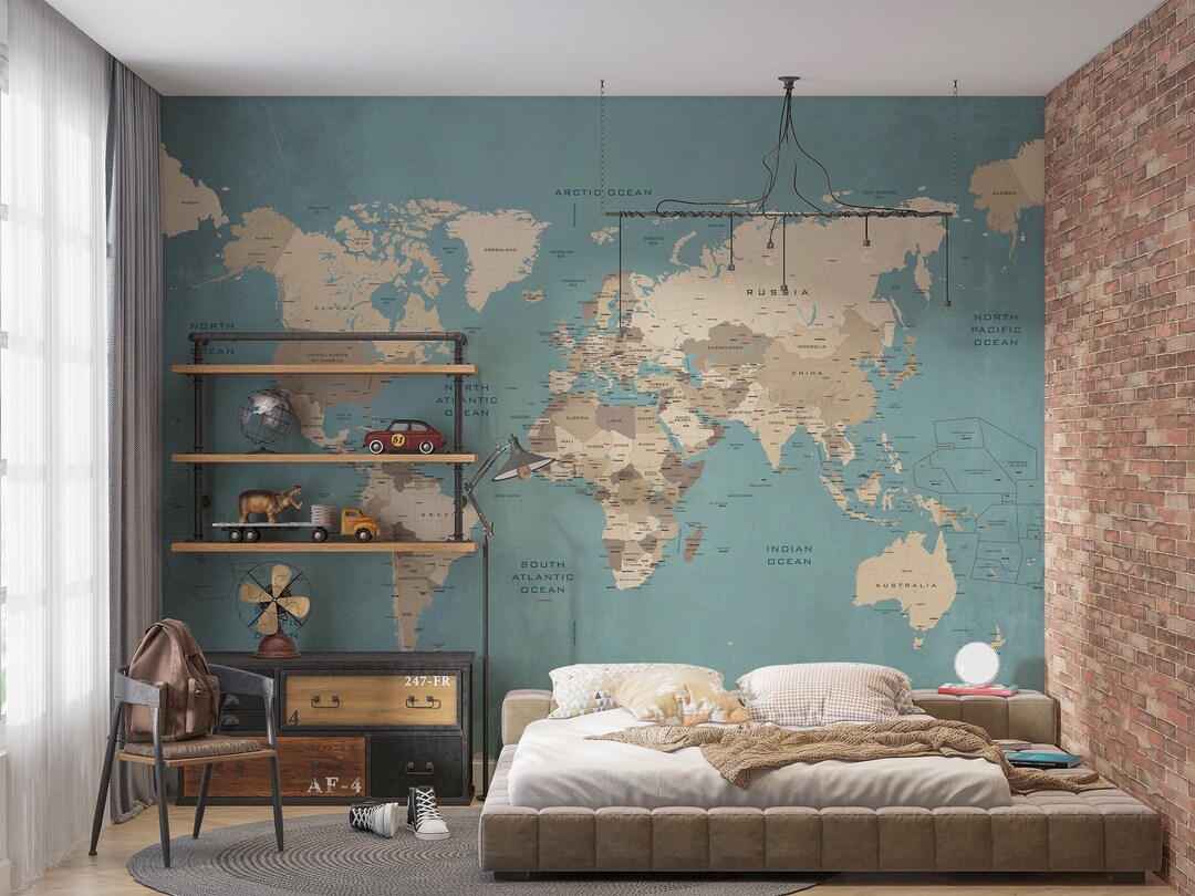 World Map Wallpaper, Peel and Stick, Map Wall Mural Etsy