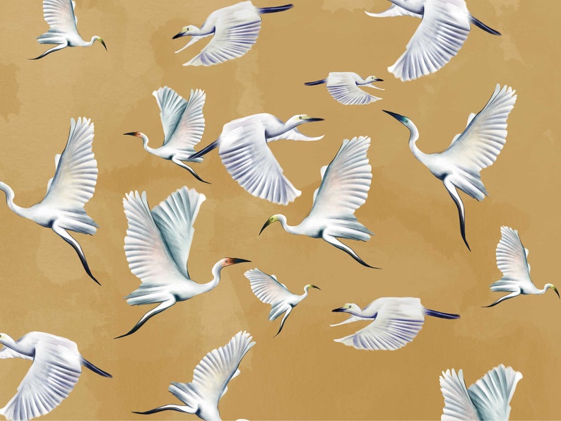 Mustard Heron Print Wallpaper, Asian Birds Wall Art, Crane Wall Mural image 3