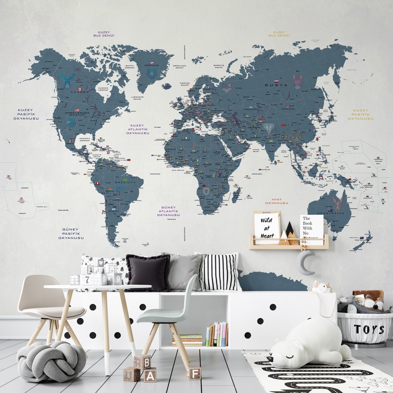 Kids Map Wallpaper, Blue World Map, Nursery Wall Mural Etsy