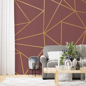 Gold geometric wallpaper, gold strip mural, peel and stick wallpaper, removable wallpaper