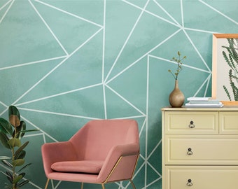 Geometric wallpaper,  white strip mural, green wallpaper, peel and stick wallpaper, removable wallpaper