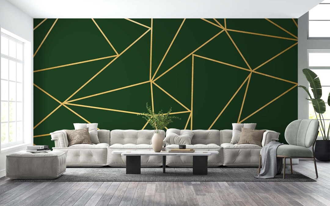 Gold Geometric Wallpaper, Dark Green Wallpaper, Gold Strip Mural, Peel