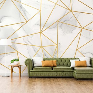 Gold geometric wallpaper, gold strip mural, grey wallpaper, peel and stick wallpaper, removable wallpaper