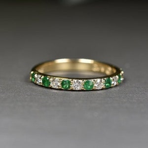 Emerald Diamond Ring, 14K Gold Emerald Ring, Natural Emerald Band, Emerald Wedding Band Ring, Emerald Birthstone Ring, Anniversary Gift Ring