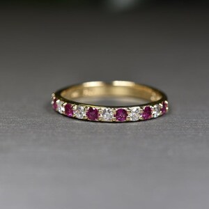 Natural Ruby Diamond Ring, 14K Gold Ruby Ring, Ruby Birthstone Band, Ruby Wedding Band Ring, Anniversary Gift Ring, Half Eternity Ruby Ring