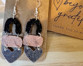 Sparkling faux Leather earrings for women; sparkly glitter earrings; black, silver, and pink statement earrings; Perfect gift for a women.