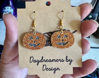 Glitter pumpkin Earrings - Sparkly pumpkin Dangle Earrings for Halloween