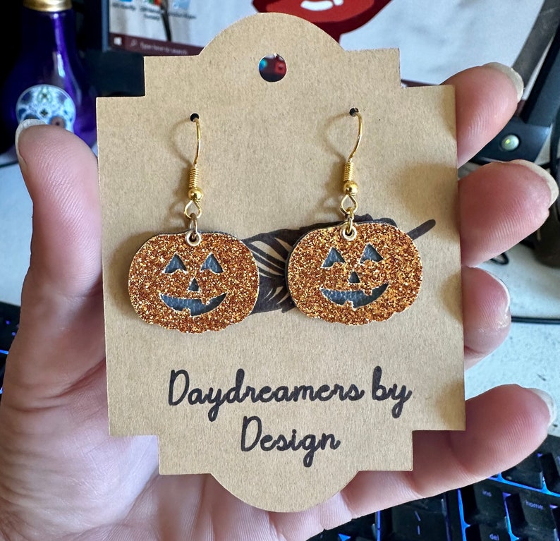 Glitter pumpkin Earrings Sparkly pumpkin Dangle Earrings for Halloween image 1