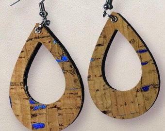 Handmade Teardrop Cork Earrings - Tan with Blue Specks - Eco-Friendly