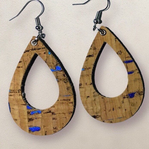Handmade Teardrop Cork Earrings - Tan with Blue Specks - Eco-Friendly