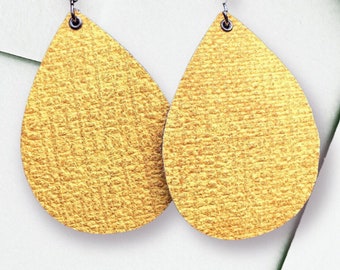 Large Yellow teardrop earrings, yellow faux leather earrings