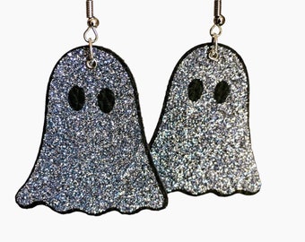 Glitter Ghost Earrings - Sparkly Ghost Dangle Earrings for Halloween