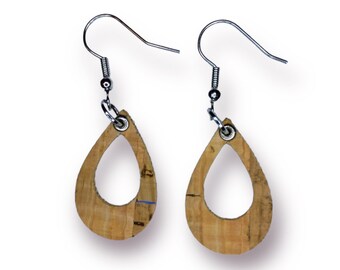 Women’s SMALL teardrop cork earrings with blue specks, tan and blue petite teardrop earrings