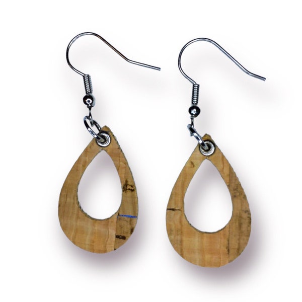 Women’s SMALL teardrop cork earrings with blue specks, tan and blue petite teardrop earrings