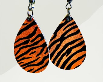 Tiger striped faux leather earrings, animal print earrings for women