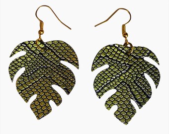 Green snake skin Monstera leaf earrings; Big leaf earrings for women and teen girls; faux leather plant earrings