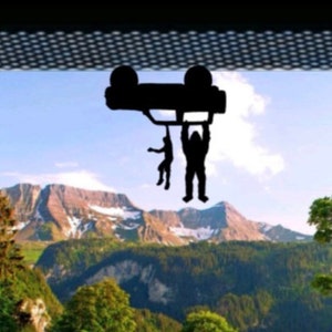 Tiny Man and Bigfoot Hanging from Two Door Bronco Car Decal