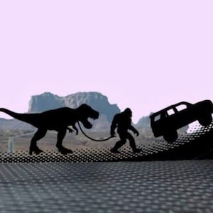 Tiny Bigfoot Pulling T-Rex with 4runner SUV Car Decal