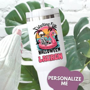 Summerween 40oz Tumbler with Handle, Personalized Spooky Summer Halloween Tumbler, Custom Beach Skeleton Travel Cup, Flamingo Float Skeleton