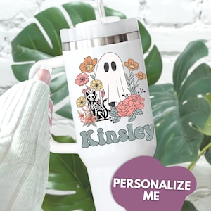 Summerween 40oz Tumbler with Handle, Personalized Spooky Summer Halloween Tumbler, Custom Summer Ghost Travel Cup, 40 oz Tumbler with Straw
