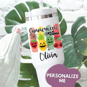 Summerween 40oz Tumbler with Handle, Personalized Spooky Summer Halloween Tumbler, Custom Summerween Vibes Travel Cup, Fruit Jackolantern