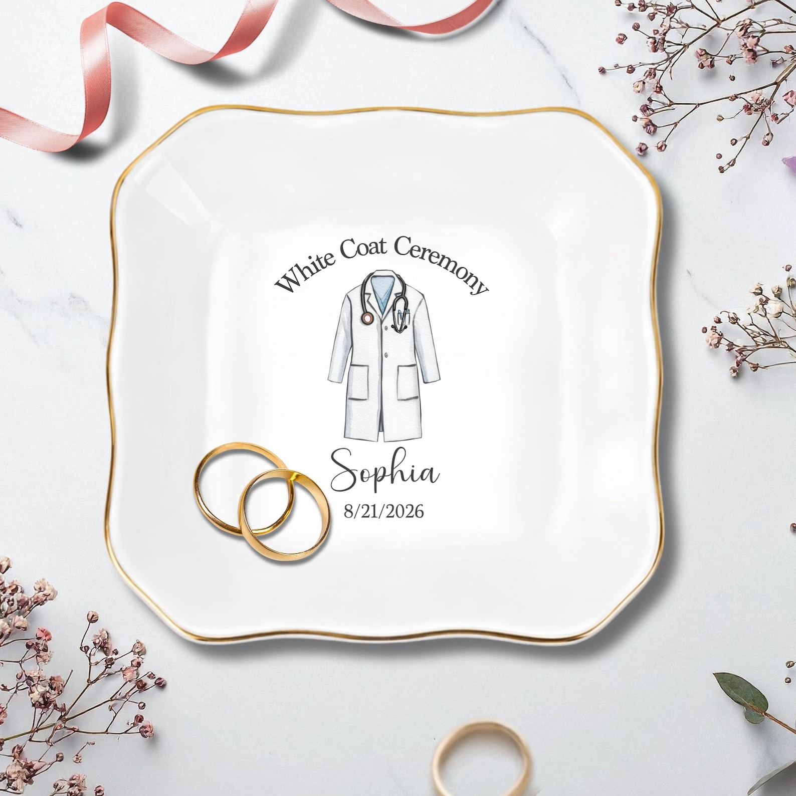 Personalized White Coat Ceremony Ring Dish | Gold Rim | Custom Name & Date