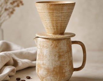Keramik Pour Over Kaffee-Set, Wabi-Sabi Steingut Filter & Krug, Weizenglasur