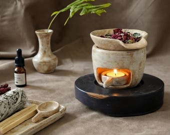 Wabi Sabi Ceramic Oil Burner, Tea Light Wax Warmer, Meditation Decor