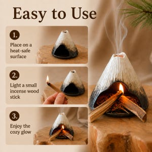 May include: A ceramic incense holder in a volcano shape, with a white and black glaze. The image shows the steps to use it: place on a heat-safe surface, light an incense stick, and enjoy the cozy glow. Text reads "Easy to Use".