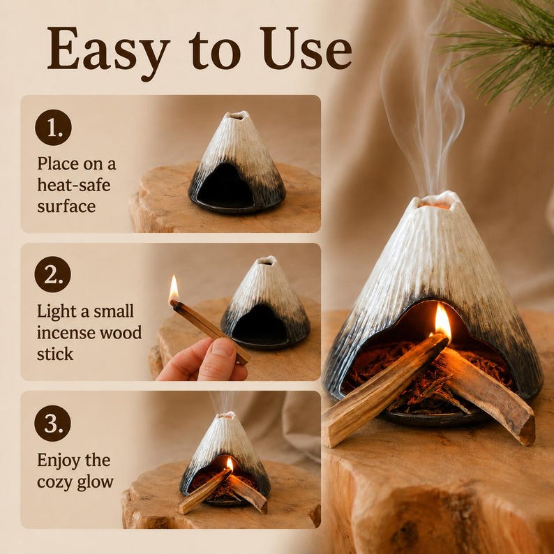 May include: A ceramic incense holder in a volcano shape, with a white and black glaze. The image shows the steps to use it: place on a heat-safe surface, light an incense stick, and enjoy the cozy glow. Text reads "Easy to Use".