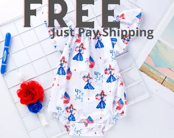 Free Just pay shipping Baby Girl 4th of July Outfit, 100% Cotton Bubble Romper