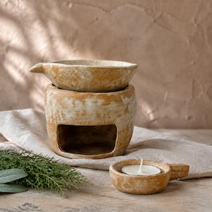 Wabi Sabi Ceramic Oil Burner, Tea Light Wax Warmer, Meditation Decor