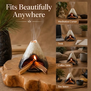 May include: A ceramic volcano-shaped incense holder with a lit incense stick, emitting smoke. The holder is black and white with a brown interior, resting on a wooden base. The text "Fits Beautifully Anywhere" is at the top.