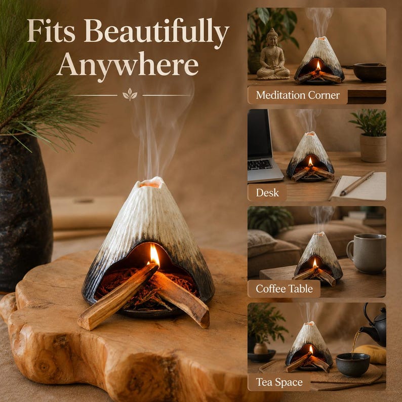 May include: A ceramic volcano-shaped incense holder with a lit incense stick, emitting smoke. The holder is black and white with a brown interior, resting on a wooden base. The text "Fits Beautifully Anywhere" is at the top.