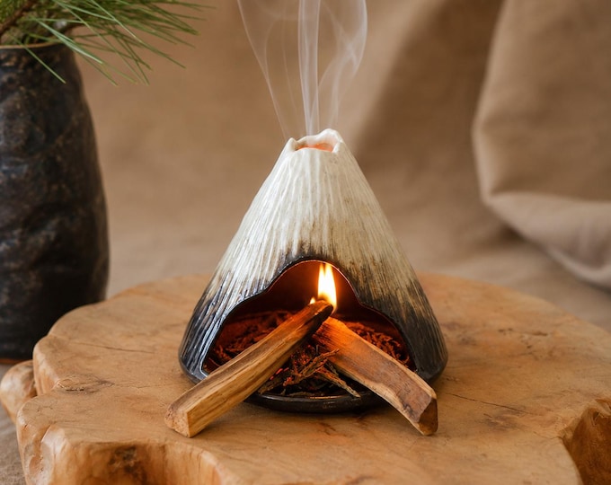 Hand-Brushed Snow Mountain Incense Burner, Ceramic Palo Santo Holder, Mini Fireplace Decor, Zen Gift