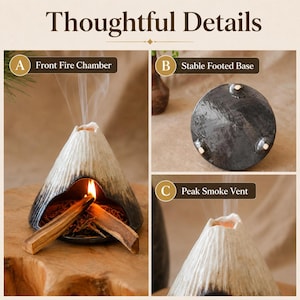 May include: A ceramic volcano-shaped incense burner with a front fire chamber, stable footed base, and peak smoke vent. The burner is white and black with a textured finish. The image includes the text "Thoughtful Details".